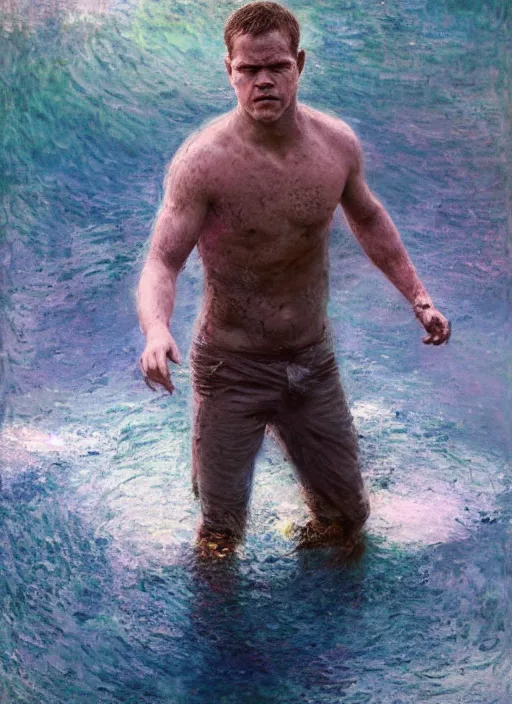 Image similar to matt damon emerging from pink water by greg rutkowski, claude monet, conrad roset, takato yomamoto, rule of thirds, sigma look, beautiful