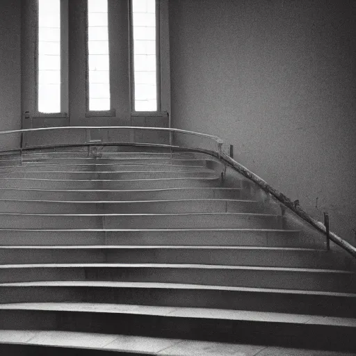 Image similar to black and white surreal photograph, highly detailed vast space made of stairsteps, sideview, detailed textures, natural light, mist, architecture photography, film grain, soft vignette, sigma 1 4 mm f / 1. 4 1 / 1 0 sec shutter, imax 7 0 mm footage