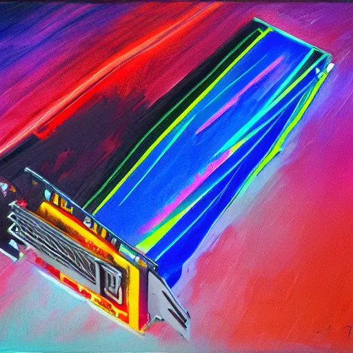 Image similar to a painting by Wayne Thiebaud of an Nvidia GPU that has caught on fire, neon gradient, highly detailed Nvidia GPU on fire, Nvidia GPU caught fire