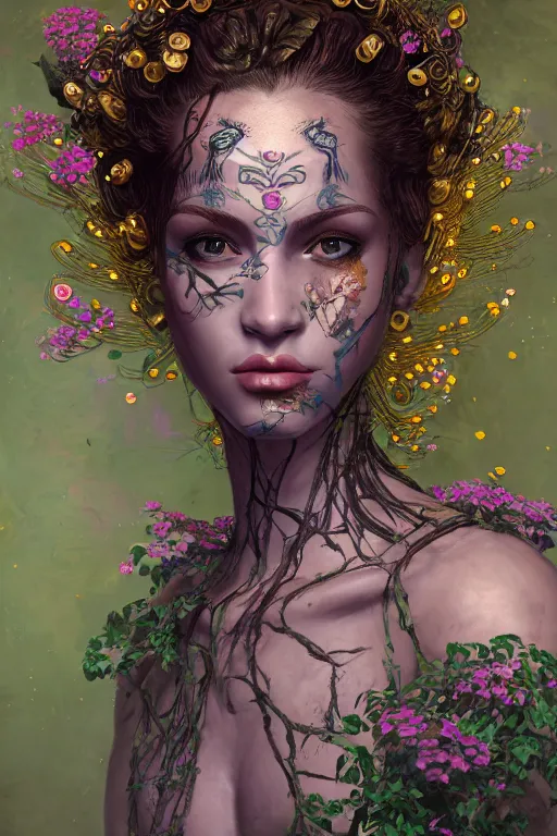 Image similar to portrait of beautiful young mainem, warhammer, cyber armor, a lot of more scars, more and more flowers, the middle ages, highly detailed, artstation, illustration, sylvari portrait, 8 k quality, art by gustav klimt