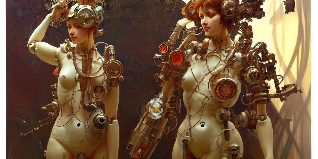 Image similar to octane render, ultra photorealistic, hyper detailed, unreal engine, a very very cute wooden mystical statue robot of the roman natural cyberpunk in a contemporary art gallery in neo tokyo artwork by alphonse mucha greg rutkowski