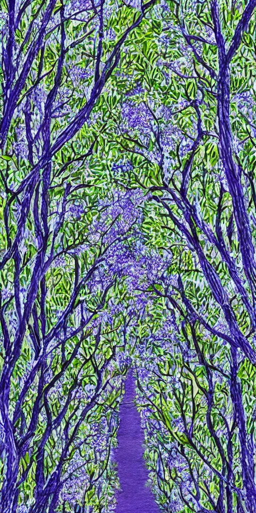 Image similar to <<https://s.mj.run/nQvqF0TB45Q>> , hand drawn illustration, walking among the jacarandas