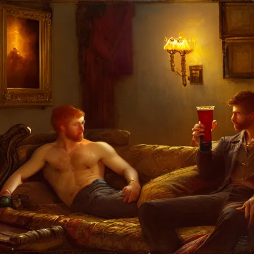 Image similar to attractive male mike with ginger hair and attractive male tyler with brunet hair, drinking their hearts out, in their noble mansion, at night. highly detailed painting by gaston bussiere, craig mullins, donato giancola 8 k