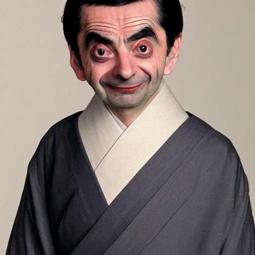 Image similar to mr bean dressed as a traditional japanese woman