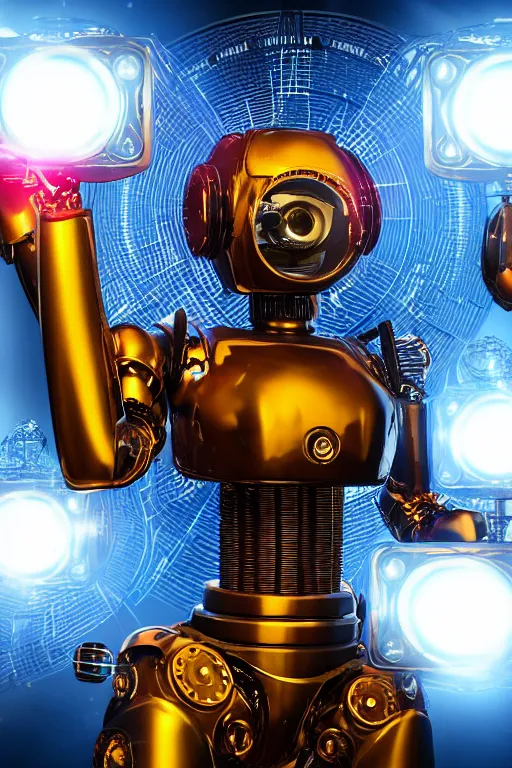 Image similar to portrait photo of a giant huge golden and blue metal female humanoid steampunk robot singer with headphones and gears and tubes, in the foreground is a big red glowing microphone on a tripod, eyes are glowing red lightbulbs, shiny crisp finish, 3 d render, 8 k, insaneley detailed, fluorescent colors, background is multicolored lasershow