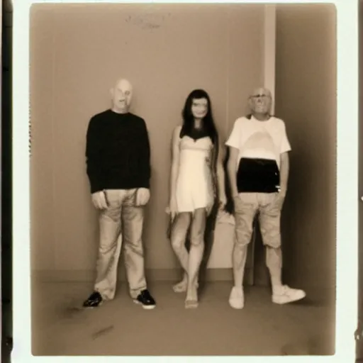 Prompt: a found polaroid photo of trash humpers in the backrooms
