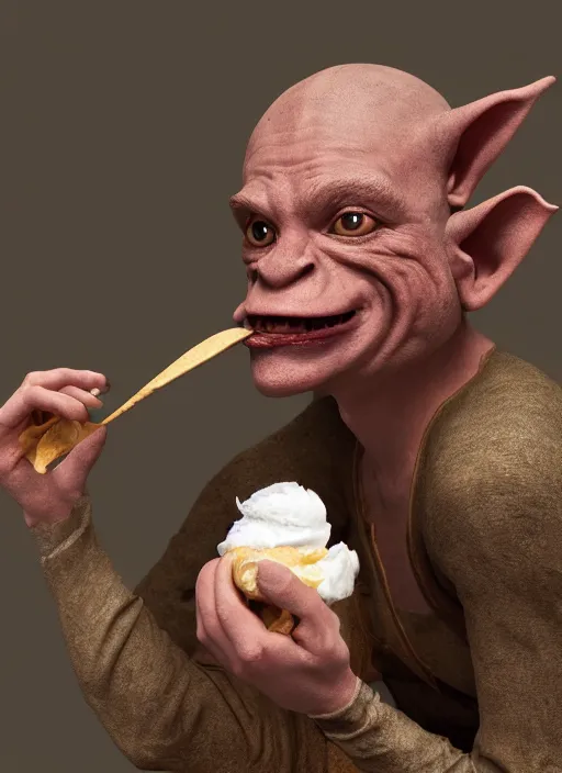 Image similar to closeup portrait of a medieval goblin eating icecream, depth of field, zeiss lens, detailed, symmetrical, centered, fashion photoshoot, by Annie Leibovitz and Steve McCurry, David Lazar, Jimmy Nelsson, Breathtaking, 8k resolution, extremely detailed, beautiful, establishing shot, artistic, hyperrealistic, beautiful face, octane render