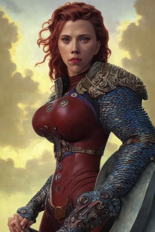 Image similar to A fantasy comic book style portrait painting of Scarlett Johansson as an Atlantean Reptilian Warrior, Mystical Valkyrie, unreal 5, DAZ, hyperrealistic, octane render, Regal, Refined, Detailed Digital Art, RPG portrait, William-Adolphe Bouguereau, Michael Cheval, Walt Disney (1937), François Boucher, Oil Painting, Steampunk, dynamic lighting, Highly Detailed, Cinematic Lighting, Unreal Engine, 8k, HD