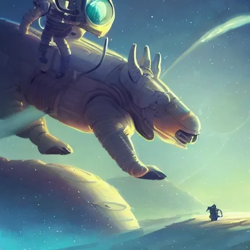 Image similar to Astronauts are riding some mythical animals, they are running on the surface of a planet with wacky wildlife, some planets and nebulas are as background, by Jordan Grimmer digital art, trending on Artstation,