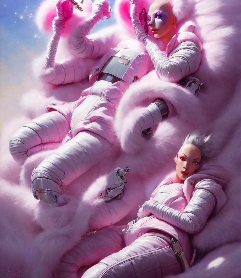 Image similar to beautiful fantasy character portrait, wearing pink puffy bomber jacket with white fur, seductive reclining pose, futuristic robots sitting, ultra realistic, dramatic lighting, robots, the fifth element artifacts, highly detailed by peter mohrbacher, hajime sorayama, wayne barlowe, boris vallejo, aaron horkey, gaston bussiere, craig mullins