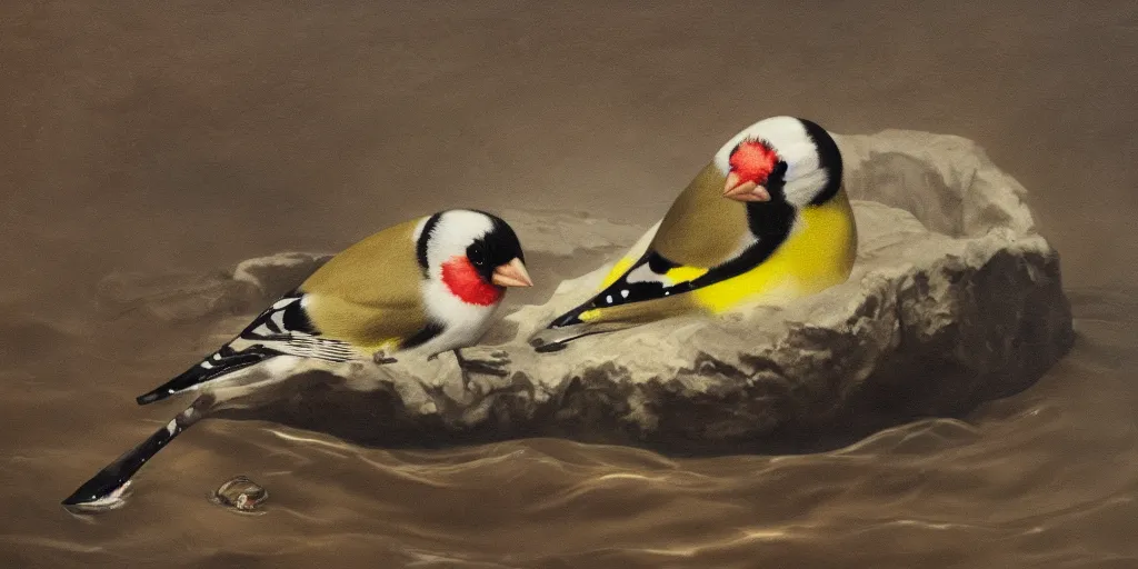 Image similar to painting of a goldfinch drowning in a river of nightmares. by theodore gericault, realistic oil painting, 4 k, studio lightning, award winning, very detailed shadows