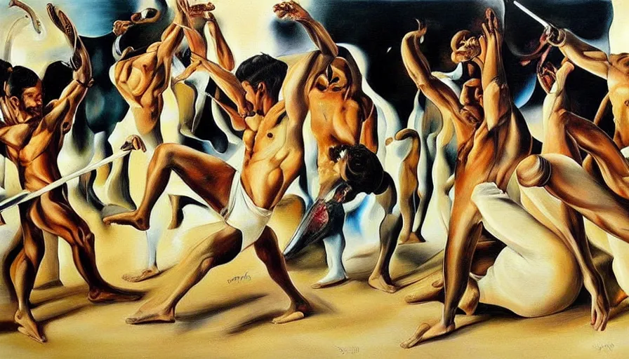 Image similar to capoeira, hyper realistic painting by salvador dali