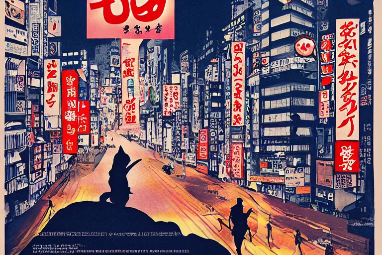 Image similar to cat attacking Tokyo, Swiss design movie poster, masterpiece, masterwork, cgstudio