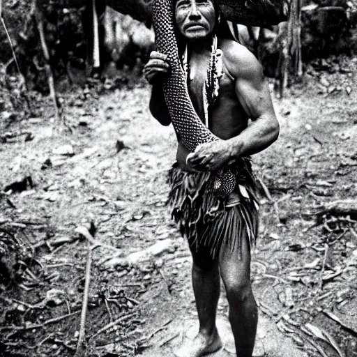 Prompt: Portrait of an Amazon indigenous tribe leader holding a massive snake by the neck in the middle of an ominous jungle, 1980s photography