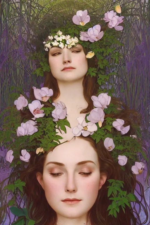 Image similar to a goddess of magnolias, queen of the garden!!, meditating in nature!!!! with a beautiful symmetrical face!!! cinematic lightning, isolated, studio lighting by alphonse mucha and tom bagshaw