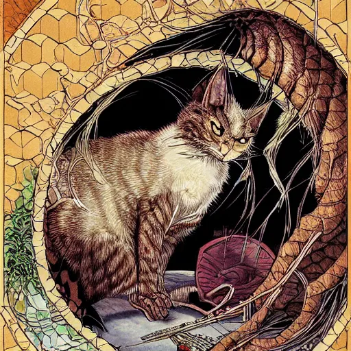 Image similar to vampire cat eating a fish, inside a frame on a tiled wall, frontal picture, by yoichi hatakenaka, masamune shirow, josan gonzales and dan mumford, ayami kojima, takato yamamoto,