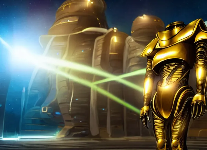 Prompt: an alien with beautiful glowing eyes, beautiful symmetrical face and skin, wearing a long flowing cloth shirt over stylish large futuristic golden armor suit poses beside an outpost with tall structures with lights at night, beautiful colorful, incredible detail, anamorphic 2 0 mm lens cinematic flare