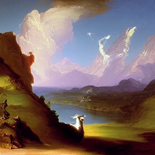 Prompt: oil painting by thomas cole of the voyage of life but with a llama.