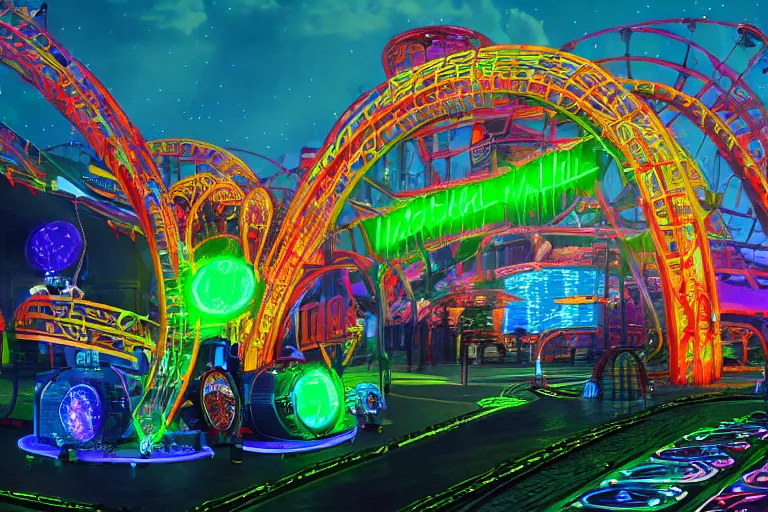 Image similar to an outdoor festival stage, big neon letters tripmachine, center of the stage is a big futuristic steampunk rollercoaster machine with a shiny steamtrain, rock musicians on the stage, laser show, 8 k, fluorescent colors, halluzinogenic, multicolored, exaggerated detailed, unreal engine