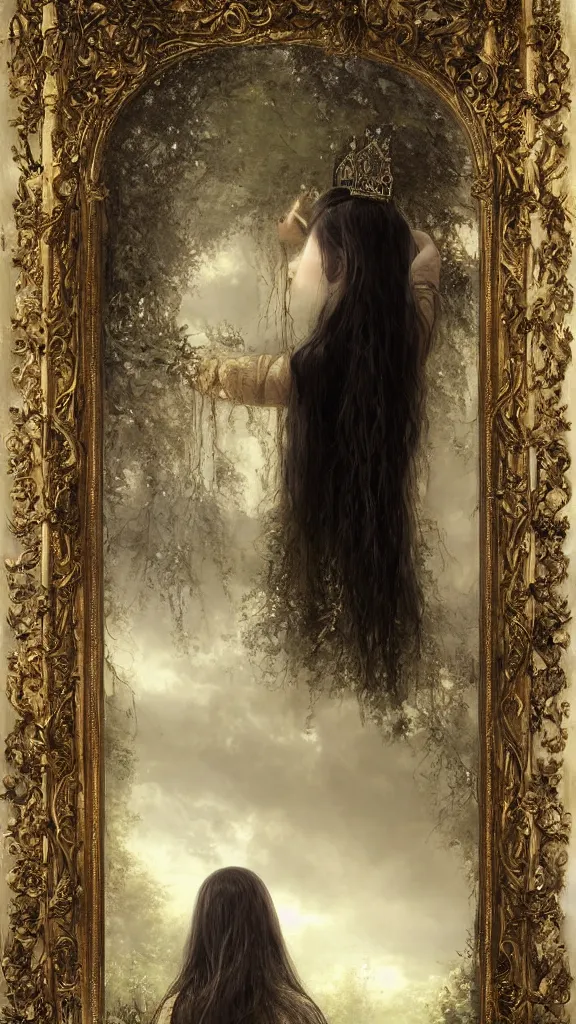 Prompt: secret view from behind wide mirror of a beautiful black haired woman with pale skin and a crown on her head sitted on an intricate metal throne, very deep stillness atmosphere, silence, dimension of still moment, spiritual feeling, digital art, by daniel ridgway knight