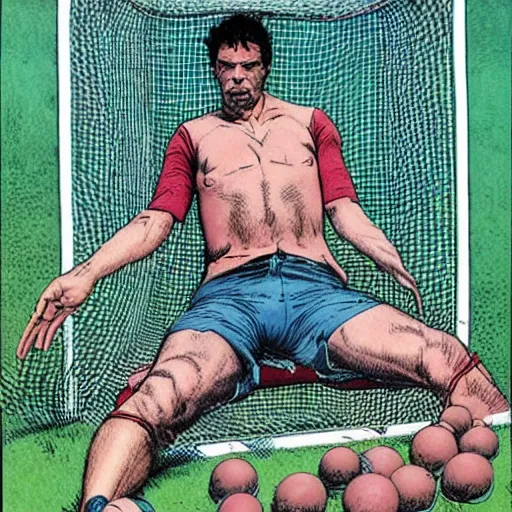 Image similar to a man laying on his back, a soccer goal behind him, a soccer in the net. Epic portrait by james gurney and mœbius.