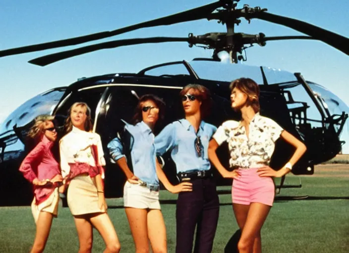 Prompt: color photo. a cool handsome photomodel standingwith hos arm crossed in the 8 0's. girls on both sides. helicopter in the background