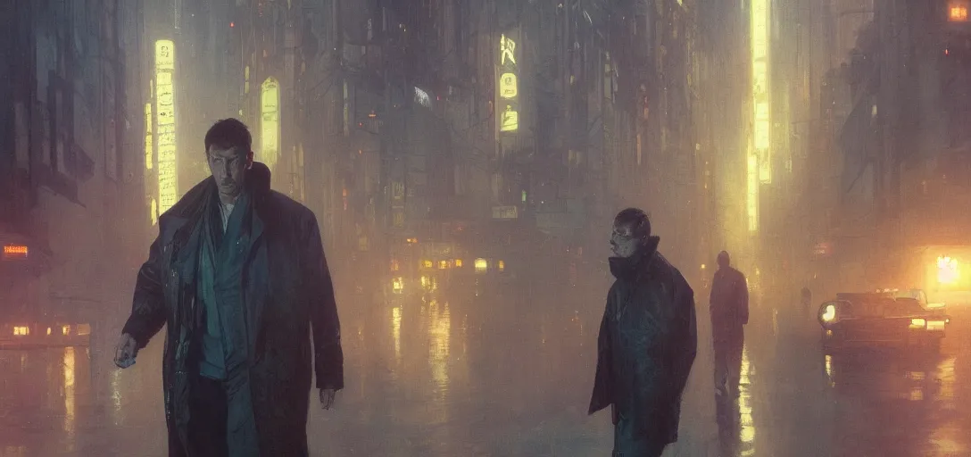 Image similar to 2 0 1 8 blade runner movie still man look at the cityscape from roof perfect face fine realistic face pretty face neon puffy jacket blue futuristic sci - fi elegant by dennis villeneuve tom anders zorn hans dragan bibin thoma greg rutkowski ismail inceoglu illustrated sand storm alphonse mucha