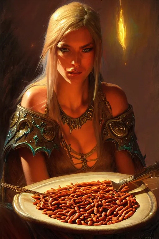 Prompt: extremely detailed painting of a beautiful night elf, in a set of night elf armor, eating baked beans, painting by gaston bussiere, craig mullins, greg rutkowski,