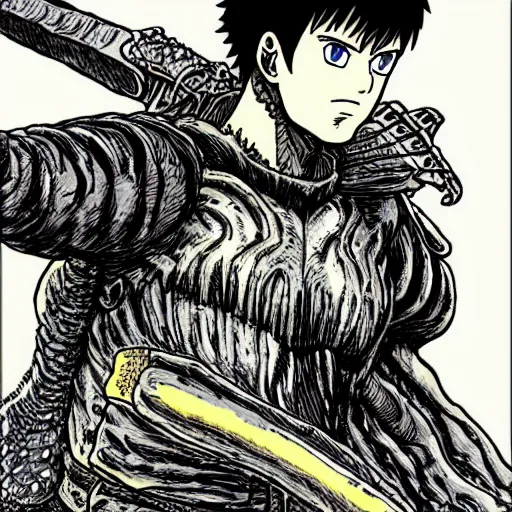 Image similar to Guts, Berserk, in the style of kentaro miura, very detailed, masterpiece, award winning, greatsword, coloured, manga