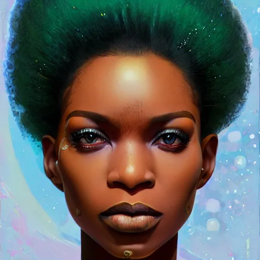 Prompt: afrofuturism woman with a cute - fine - face, pretty face, oil slick hair, realistic shaded perfect face, extremely fine details, by realistic shaded lighting, dynamic background, poster by ilya kuvshinov katsuhiro otomo, magali villeneuve, artgerm, jeremy lipkin and michael garmash and rob rey, and silvain sarrailh