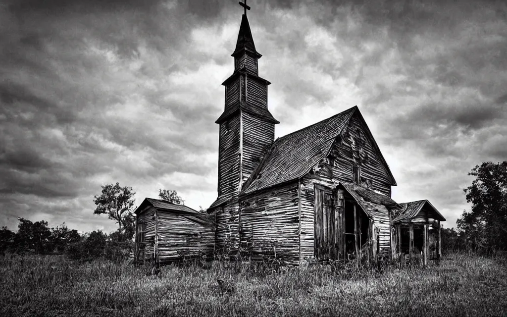 Image similar to an old wooden church rotting away in the bayou, realistic, old photograph, dynamic composition, creepy