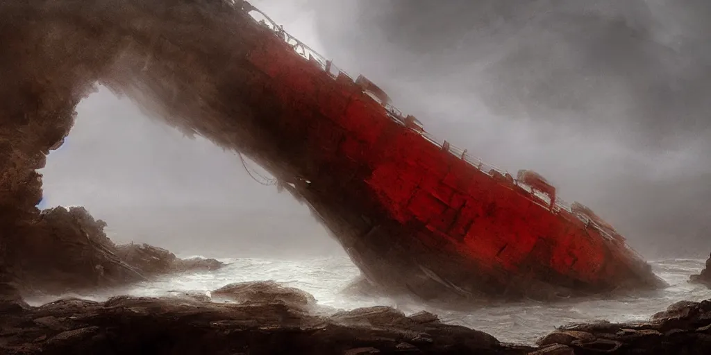 Image similar to “ a roman in a red tunic crawls from the ocean onto a rocky beach in fog ” “ a wrecked roman ship in ocean. ” dark fantasy, cinematic, very detailed, mist, volumetric lighting, golden ratio, vivid, trending on artstation, 4 k matte painting,