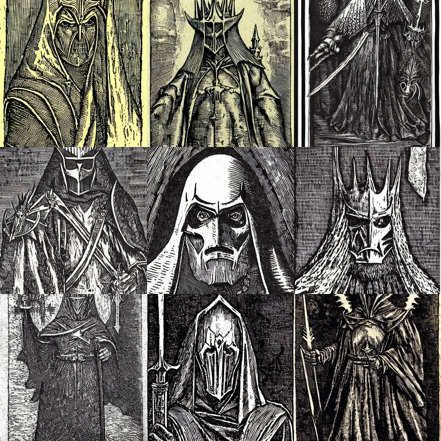 Prompt: a highly detailed woodcut of the witch king of angmar by albrecht durer