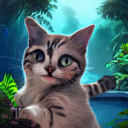 Prompt: a cat taking selfie in a swimming pool in the middle of the jungle, highly detailed, digital painting, artstation, concept art