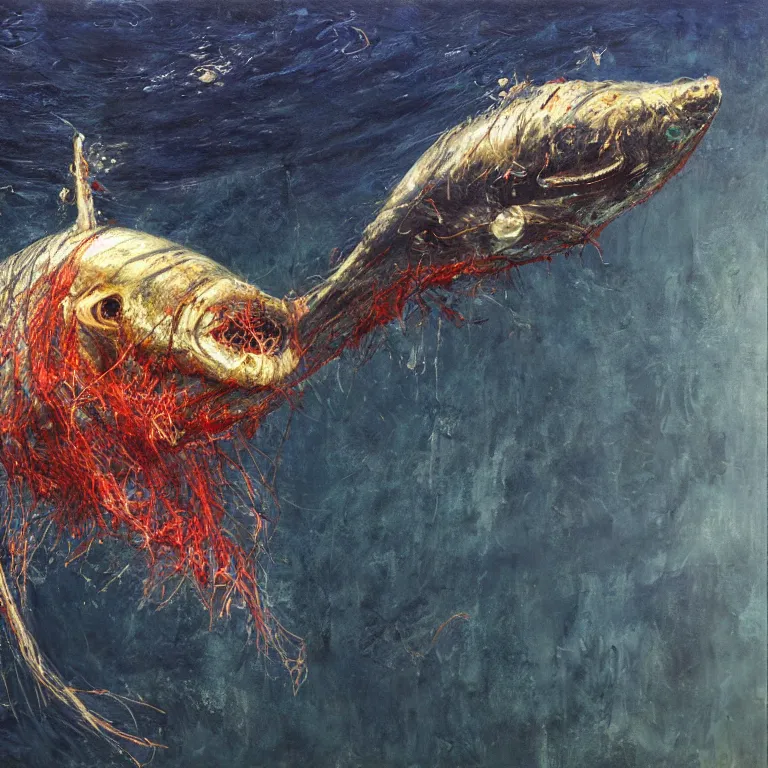 Image similar to Hyperrealistic Studio Photograph of a deep sea humpback anglerfish deep underwater in darkness, award-winning nature deep sea expressionistic impasto oil painting by Cy Twombly and Tim Hawkinson vivid colors hyperrealism 8k