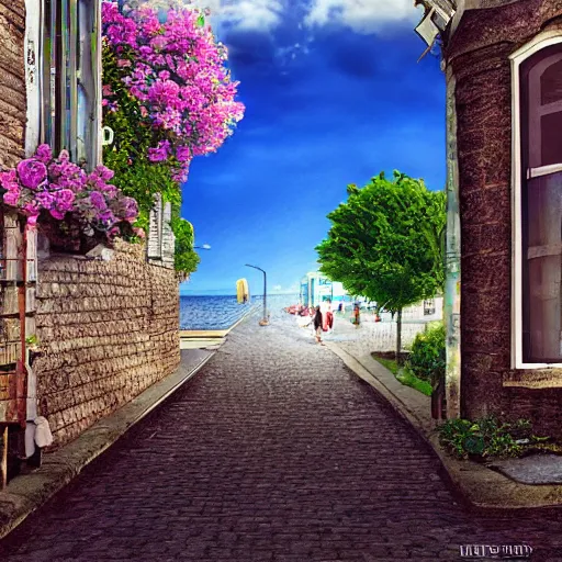 Image similar to by the seaside town street, digital painting, bloom, hyperrealistic, photo