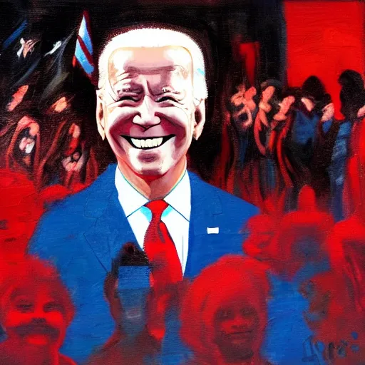 Image similar to Biden smiling with red glowing eyes staring at a crowd of people crying, oil painting