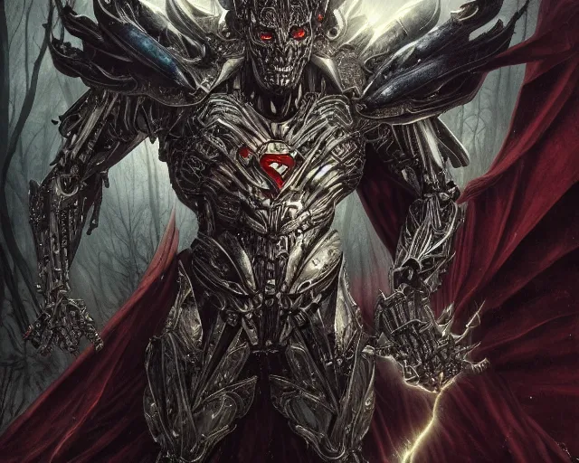 Image similar to 5 5 mm close up portrait photo of an armored biomechanical demonic superman looking at the camera, in a magical forest. dark atmosphere. art by greg rutkowski and luis royo. highly detailed 8 k. intricate. lifelike. soft light. nikon d 8 5 0.