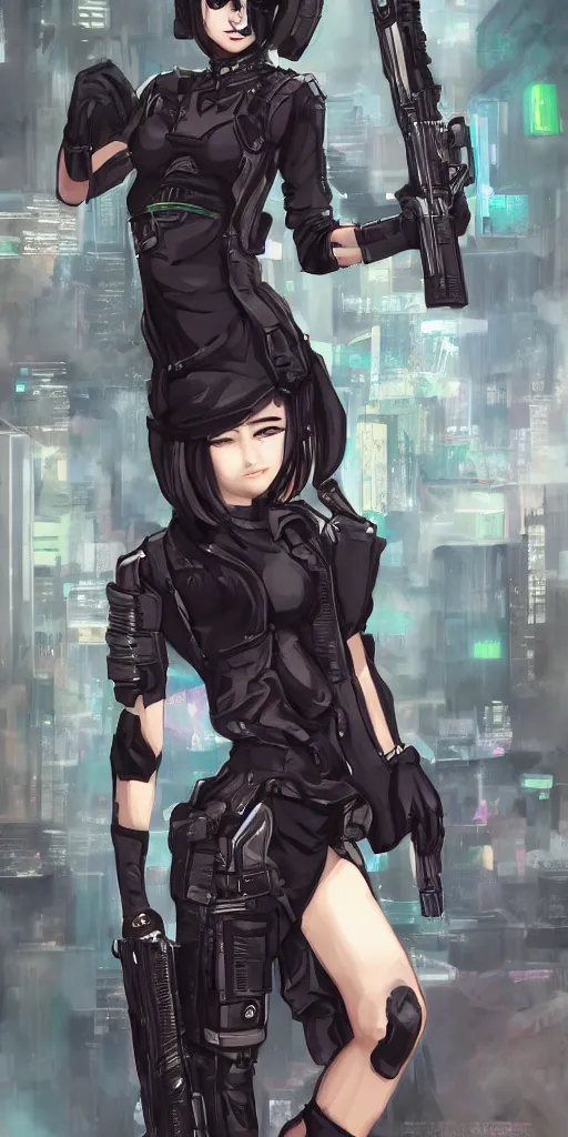 Image similar to fullbody portrait of a beautiful girl dressed in cyberpunk style, standing on street, holding a sniper rifle. by riot games, anime style, masterpiece, award - winning, trending on artstation and pixiv