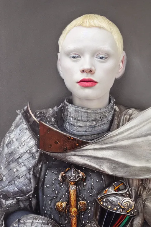 Image similar to hyperrealism oil painting, close - up portrait of albino medieval fashion model, knight, steel gradient mixed with nebula sky, in style of baroque