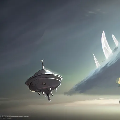 Prompt: an asymmetrical cell - shaded studio ghibli concept art study of a huge silver flying ufo in the sky. an elegant alien is greeting a middle eastern merchant on the ground. very dull colors,, hd, 4 k, hq