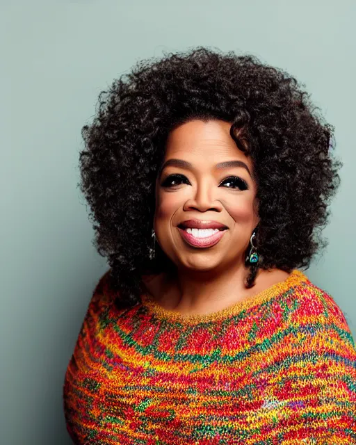 Image similar to headshot of the oprah winfrey, wearing a colorful coogi sweater, and black jeans, photoshoot in the style of annie leibovitz, studio lighting, soft focus, bokeh