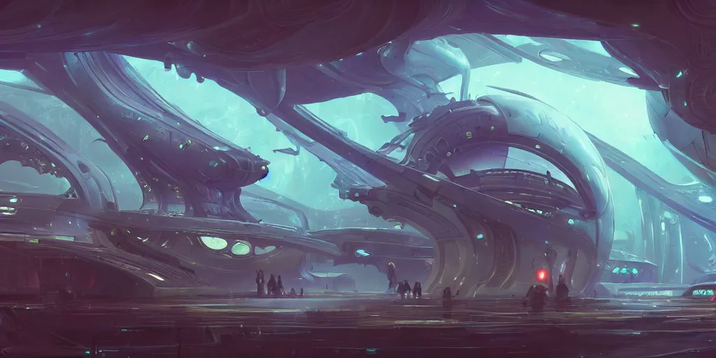 Prompt: alien futuristic space station, concept art by pete mohrbacher and artgerm and wlop and greg rutkowski, digital art, highly detailed, intricate, sci-fi, neon colors, sharp focus, Trending on Artstation HQ, deviantart, unreal engine 5, 4K UHD image