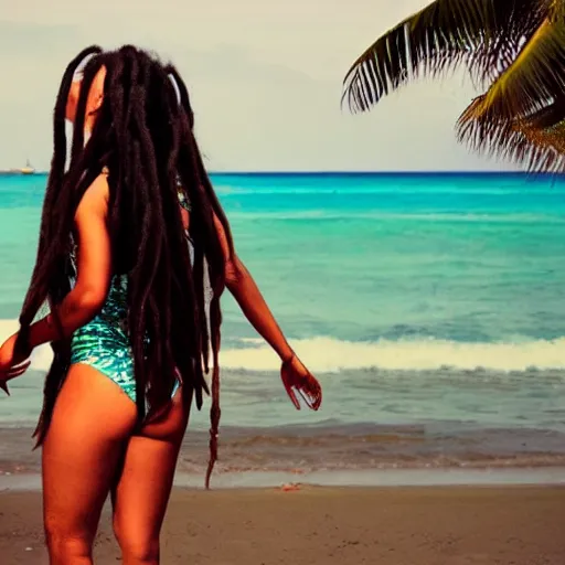 Image similar to beautiful Rastafarian girl with long dreadlocks, chesty, swimsuit, ocean, palm trees
