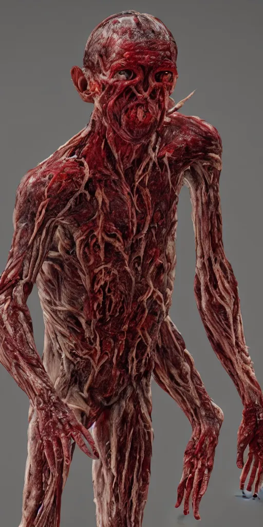 Image similar to photorealistic ultra detailed humanoid creature made of decomposed bloody flesh flesh, the woods, night, extremly detailed, 8 k, realistic, sharp focus, cosmic horror creature, cosmic horror, from the movie the thing, mysterious creature, bloody eyes