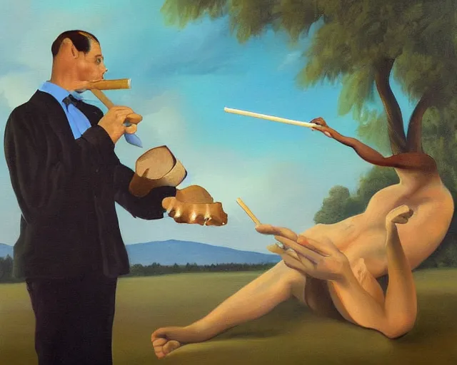 Image similar to a surreal painting of a young man with a horseshoe mustache smoking a joint