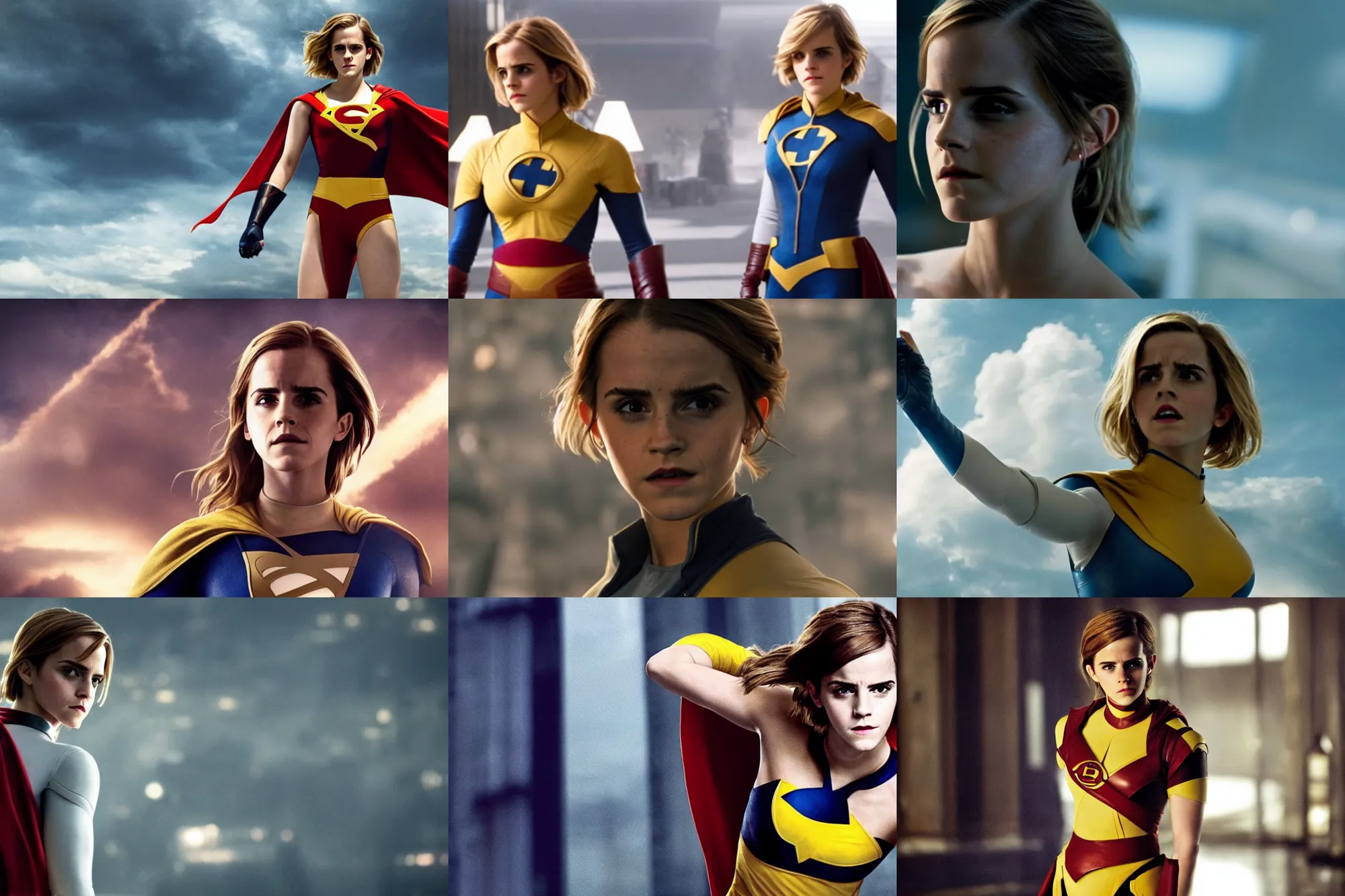 Prompt: emma watson as power girl, movie directed by joss whedon, movie still frame, promotional image, critically acclaimed, top 6 best movie ever imdb list, symmetrical shot, idiosyncratic, relentlessly detailed, cinematic colour palette