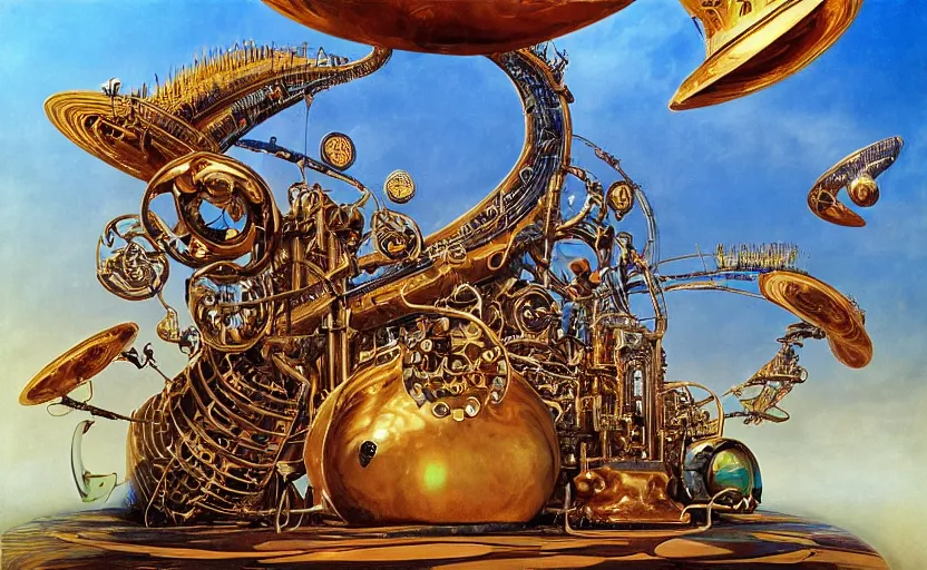 Prompt: “a singular psychedelic steampunk music machine made of intricate guitars pianos saxophones drums and synths, by Vladimir kush , by Roger dean, By syd mead, by josip csoor, 8k resolution, realistic shadows, 3D, rendered in octane, volumetric lighting, hyper detailed, photorealistic, psychedelic”