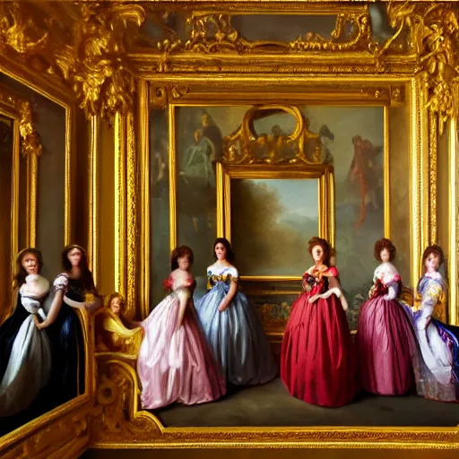 Image similar to fine art, oil on canvas. six women in the mirrors room in the palace of versailles in france wearing fine clothes, no faces visibles. dark room with light coming through the right side. baroque style 1 6 5 6. high quality realistic recreation of illumination shadows and colors, no distortion on subject faces.