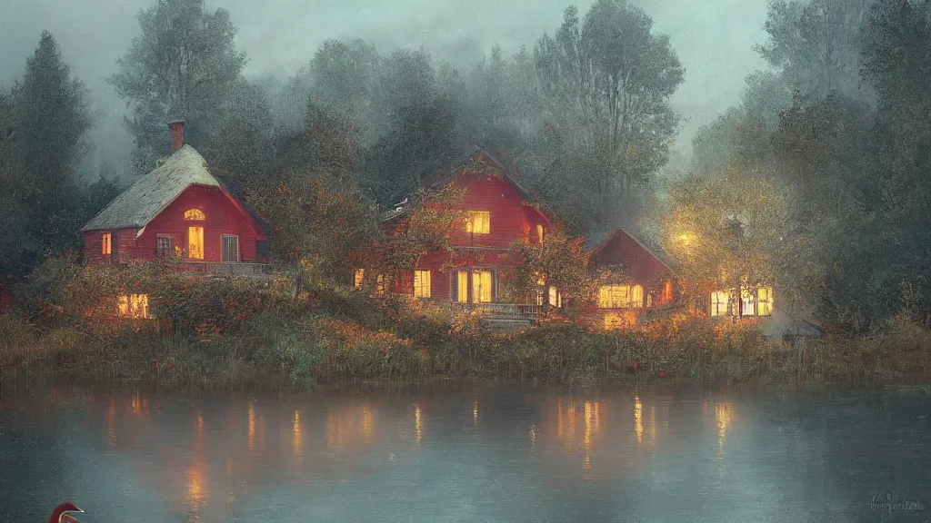 Image similar to small red wooden cottage by the lake, lanterns on the porch, smoke coming out of the chimney, dusk, birch trees, tranquility, two swans on the lake, two swans, a wooden rowing boat, by Greg Rutkowski, by Charlie Bowater